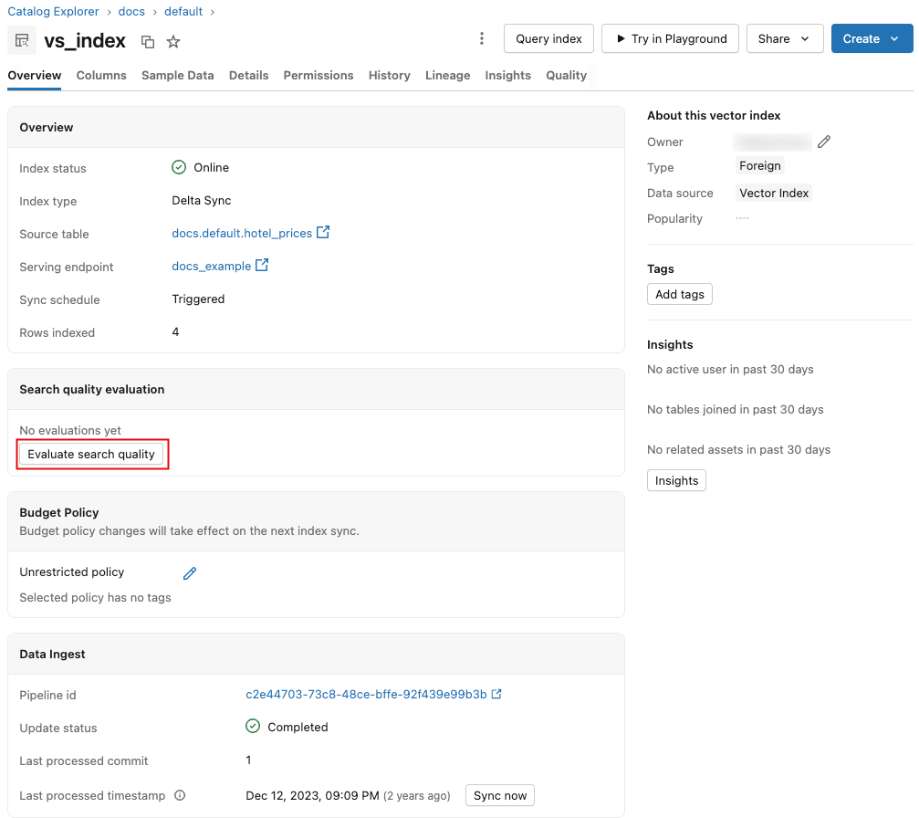 Botão de avaliação de qualidade na página de índice de busca vetorial.