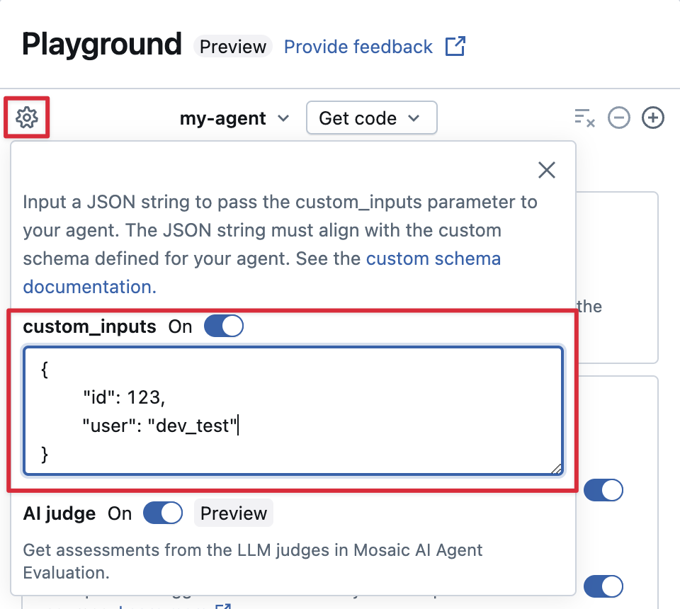 Fornecer custom_inputs no playground de IA.