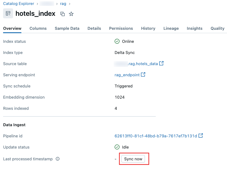Botão Sincronizar agora para sincronizar um índice de pesquisa de vetor do Catalog Explorer.
