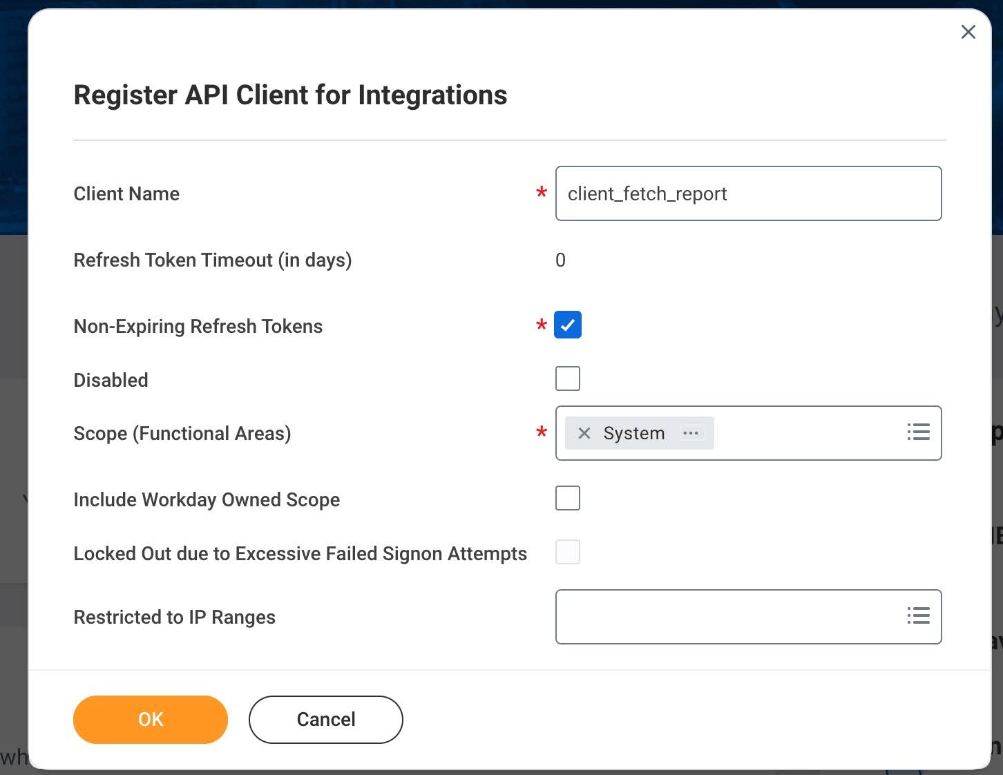 Caixa de diálogo Cliente de API de Registro do Workday para Integrações
