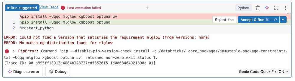 Captura de tela da interface do usuário de correção de bug embutida do Genie Code.