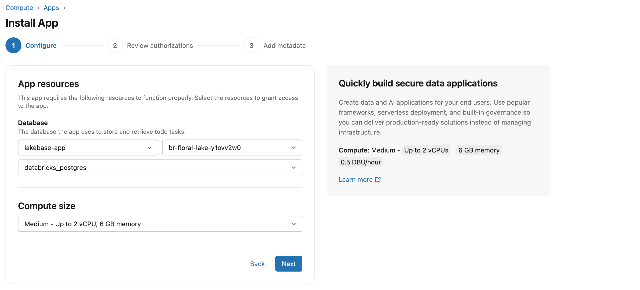 Configuração de recursos de banco de dados mostrando seleção de projeto, branch e banco de dados