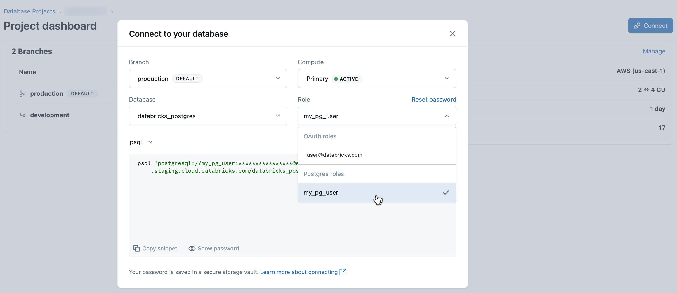 Caixa de diálogo de conexão de função do Postgres