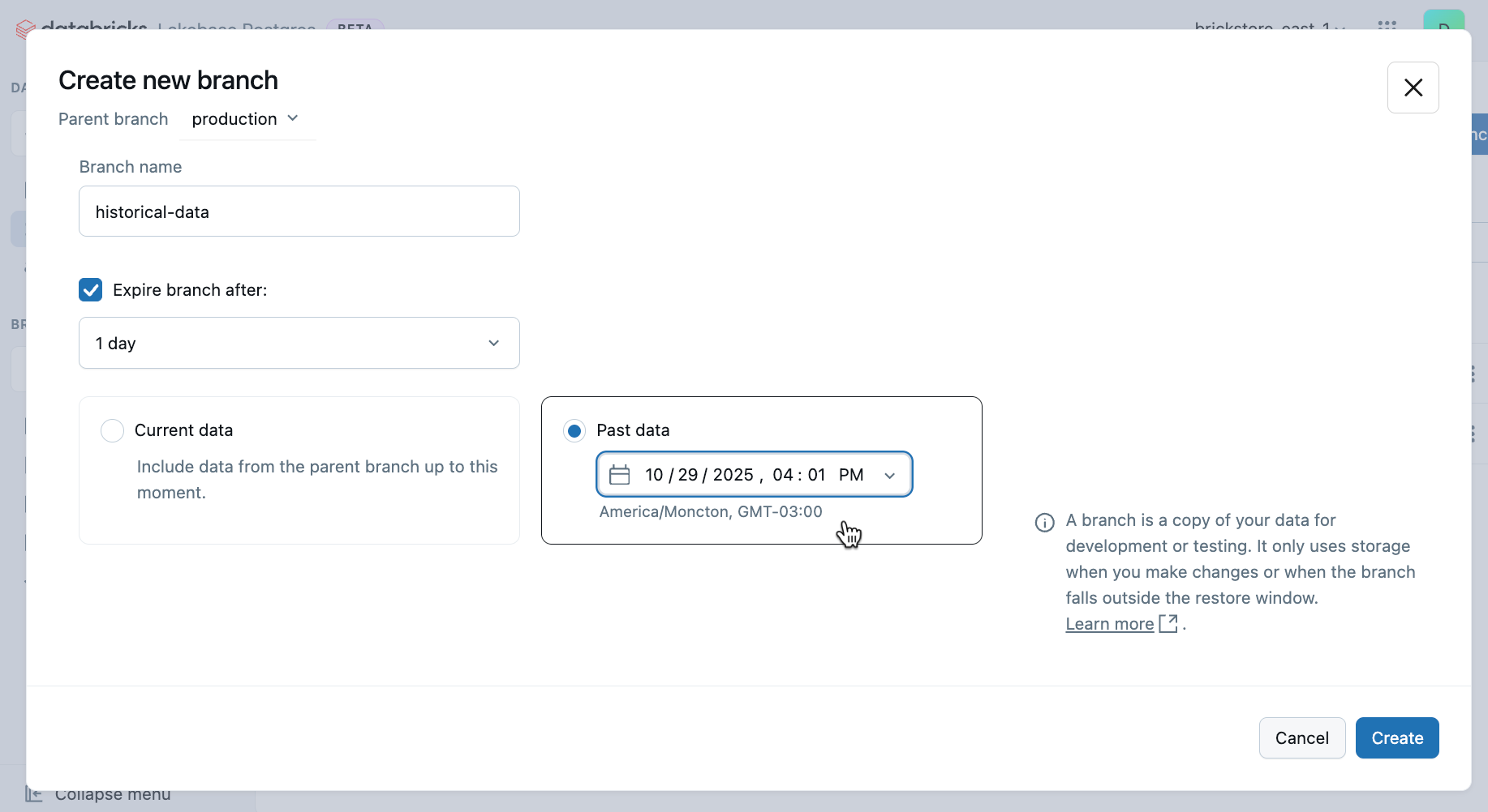 Criar um branch com base em dados anteriores