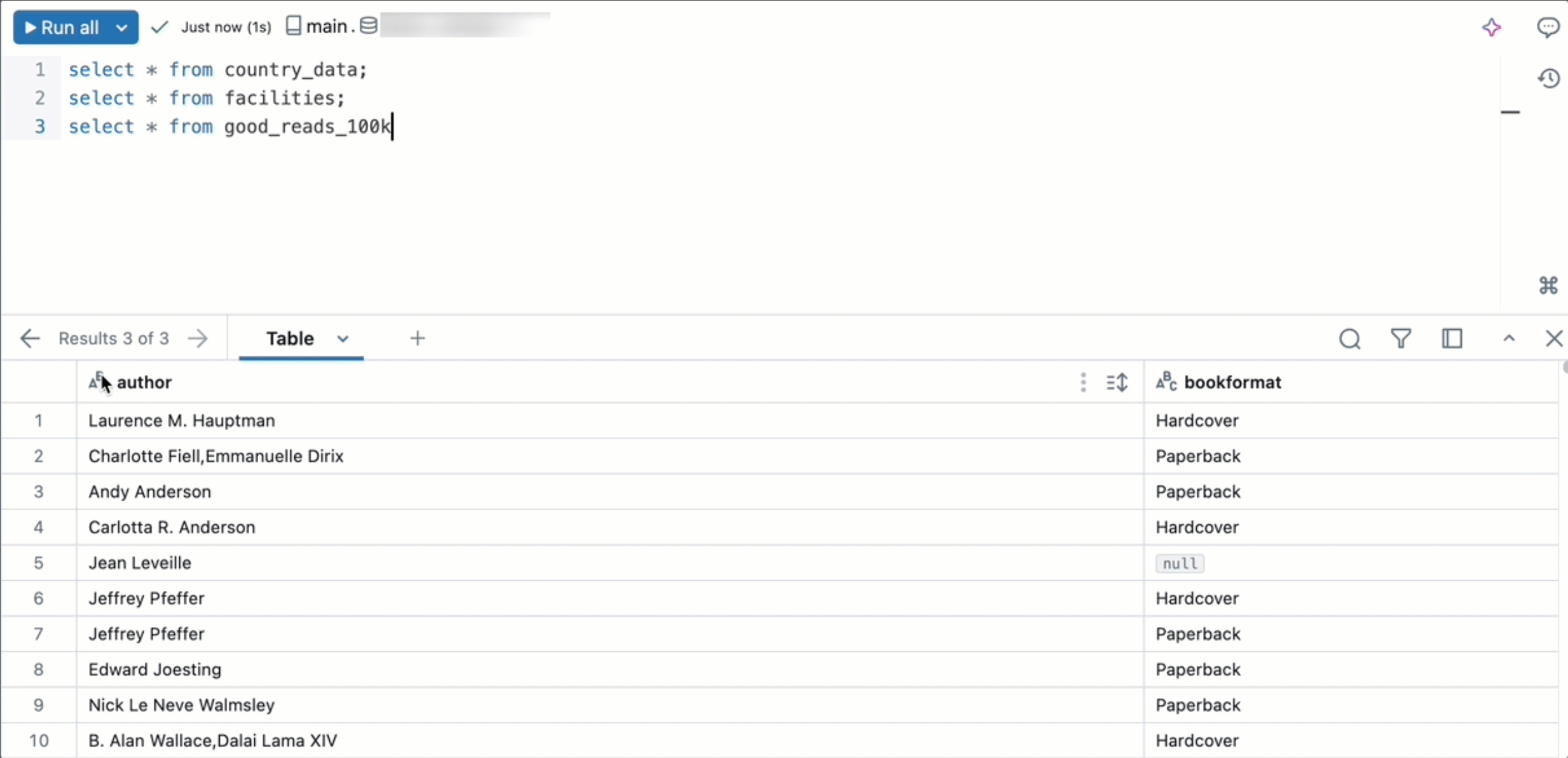 O novo editor SQL permite que você percorra diferentes tabelas no painel de saída.