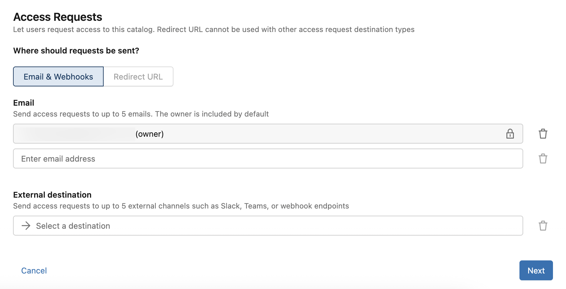 Configure um destino de solicitação de acesso para um novo catálogo.