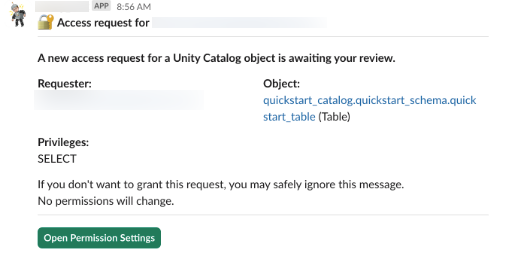 Solicitação de acesso ao destino do Slack.