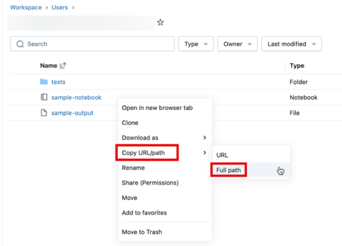 Selecionar o caminho Copiar URL seguido de Caminho completo no menu de contexto de uma pasta do espaço de trabalho.
