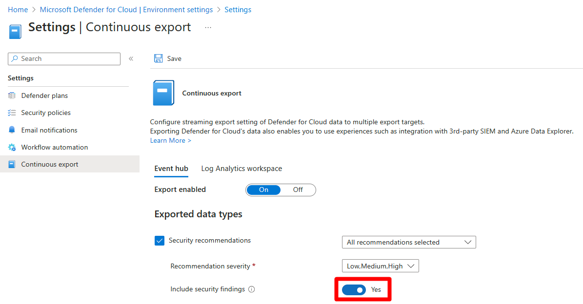 Captura de tela que mostra o toggle de inclusão de descobertas de segurança em uma configuração de exportação contínua.