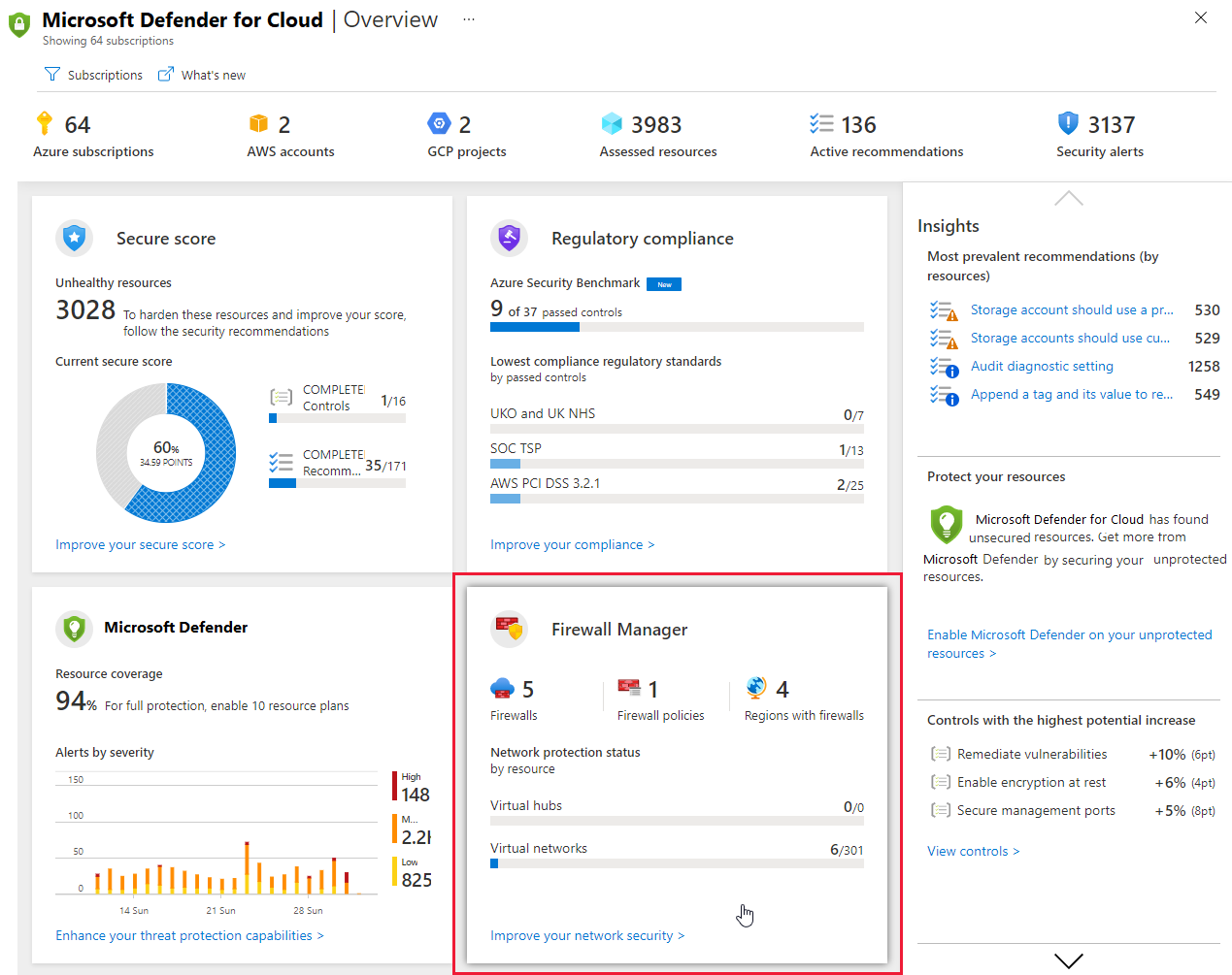 Security Center com um bloco para Firewall do Azure