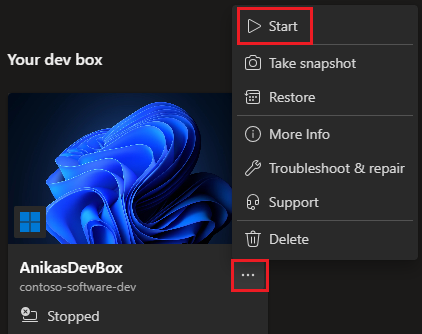 Captura de tela do portal do desenvolvedor mostrando o menu ações de uma caixa de desenvolvimento parada.