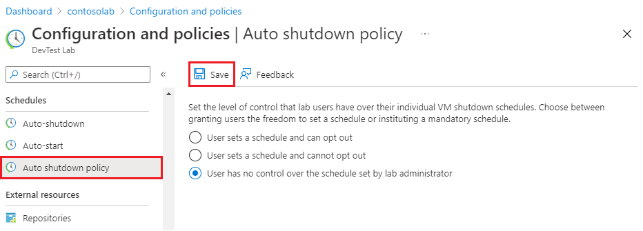 Captura de tela mostrando a definição das opções de política de desligamento automático.