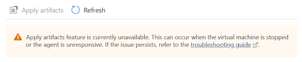 Captura de tela da mensagem informando que os artefatos não podem ser aplicados à máquina virtual do DevTest Labs.