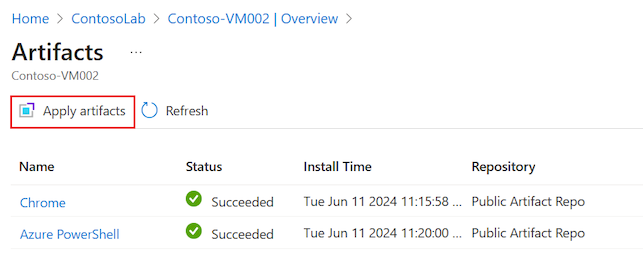 Captura de tela que mostra como confirmar se os artefatos podem ser aplicados à máquina virtual do DevTest Labs.