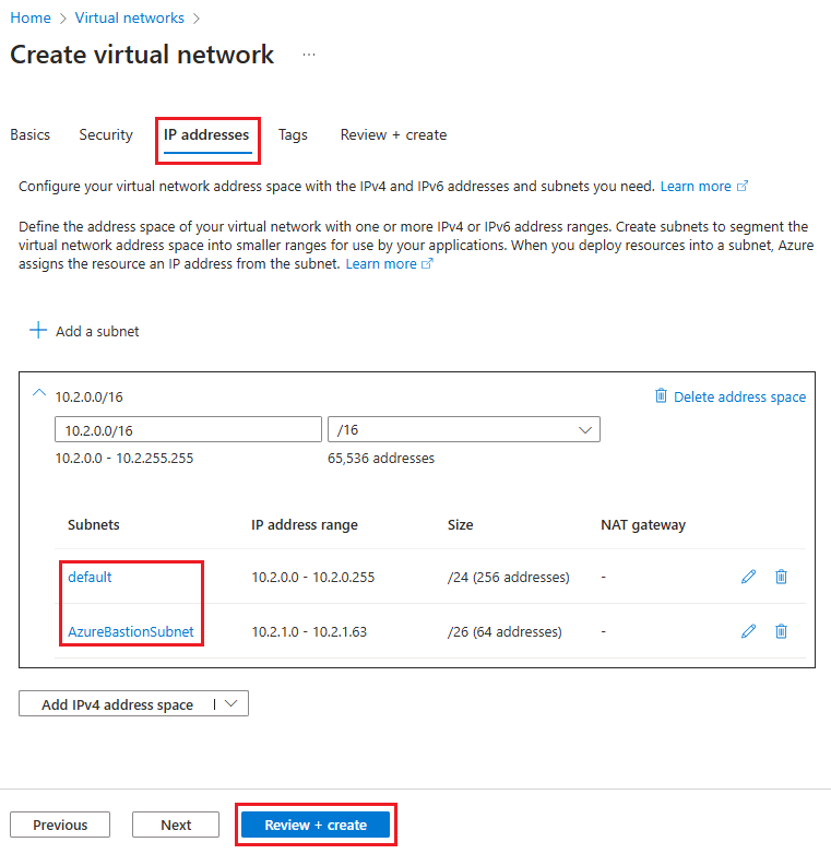 Captura de tela que mostra a criação da sub-rede AzureBastionSubnet.