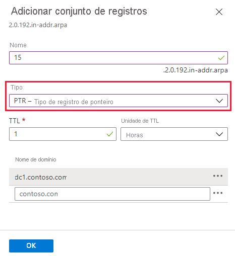 Captura de tela da criação do registro de ponteiro IPv4.