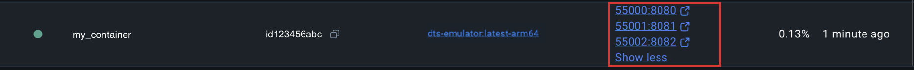 Captura de tela das portas no Docker.