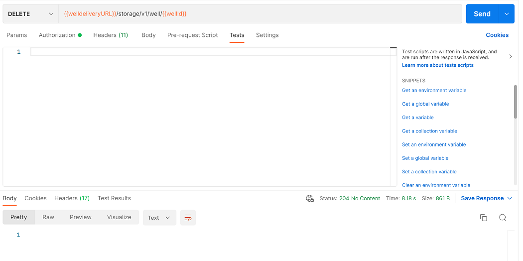 Captura de tela que mostra como usar uma API para excluir um registro de bucket.