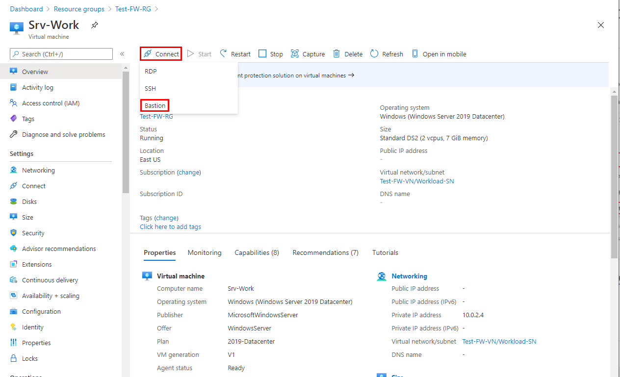 Captura de tela mostrando a conexão com Srv-Work máquina virtual usando o Azure Bastion.