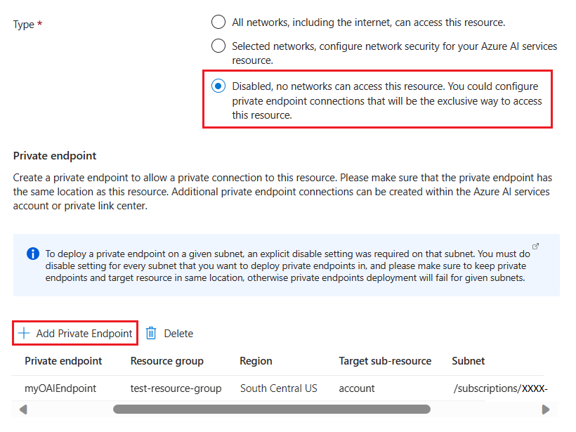 Screenshot que mostra como desabilitar a segurança de rede para um recurso Azure OpenAI no Azure portal.