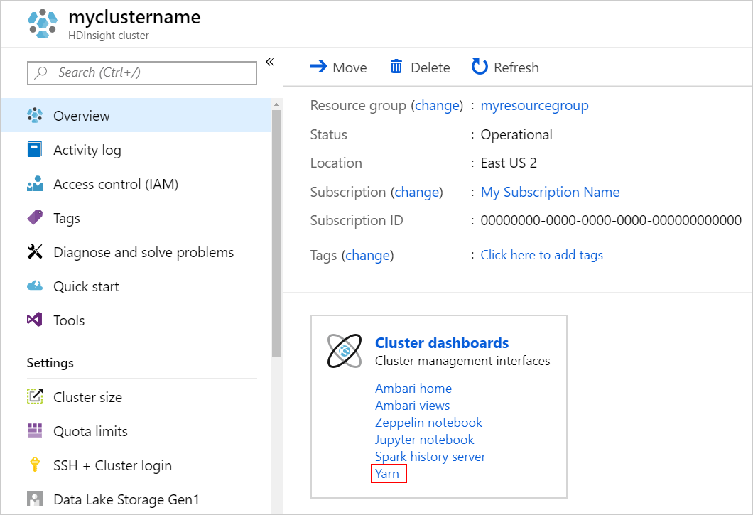 O portal do Azure abre a interface do YARN.