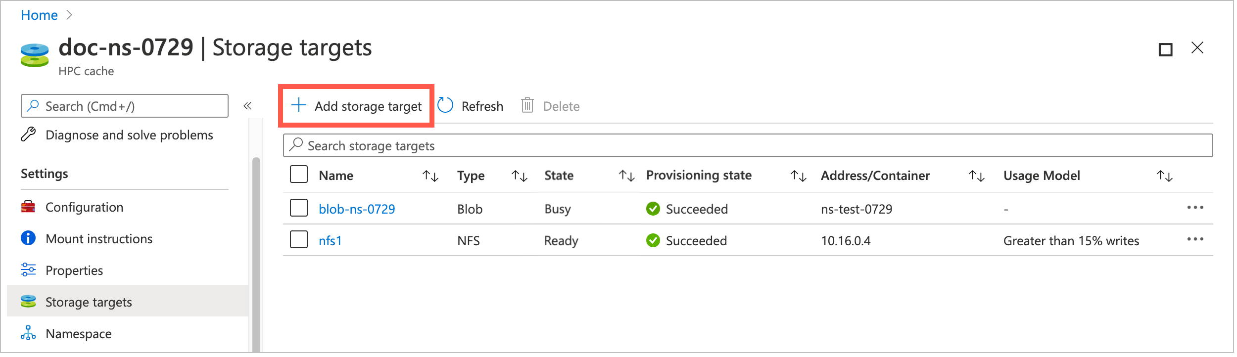 captura de tela da página de configurações > destino de armazenamento, com dois destinos de armazenamento existentes em uma tabela e um destaque em torno do botão + adicionar destino de armazenamento acima da tabela