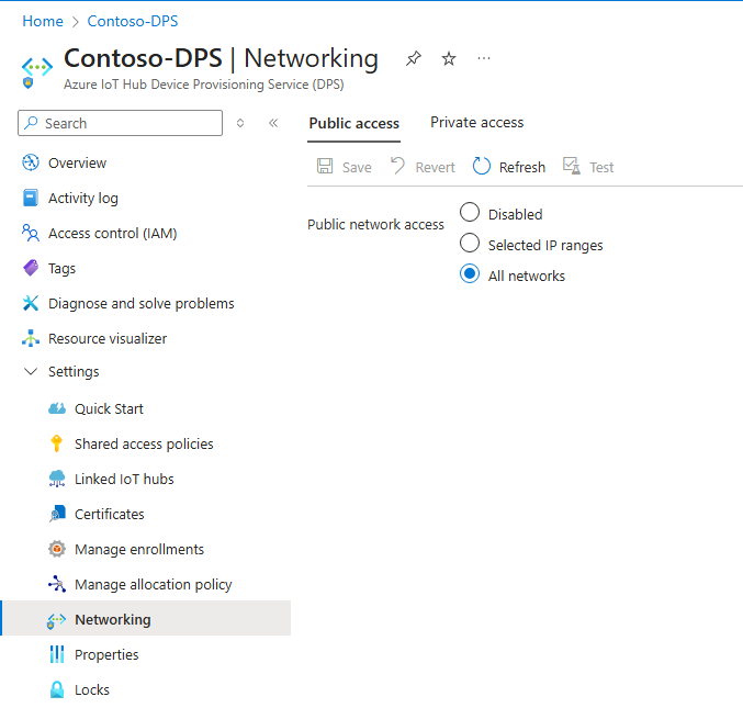 Captura de tela que mostra as configurações de filtro IP padrão do IoT DPS no portal do Azure.