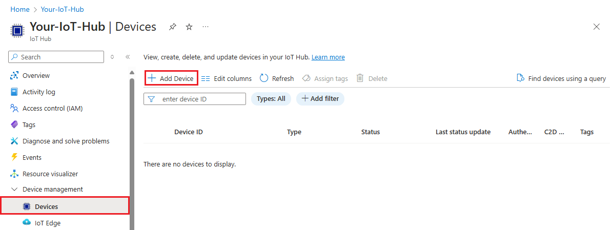 Captura de tela que mostra a adição de um novo dispositivo no portal do Azure.