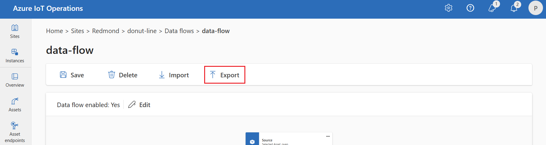 Screenshot da interface de experiência de operações mostrando a opção de exportação para um fluxo de dados configurado.
