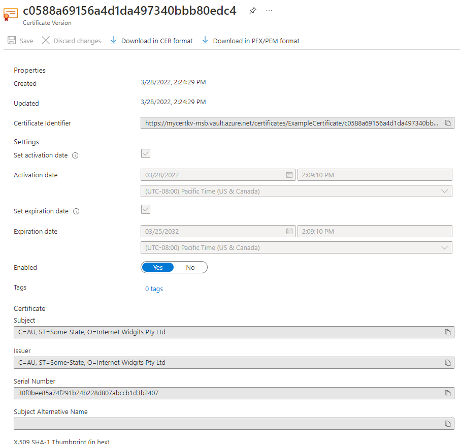 Properties de um certificado recém-importado no portal Azure
