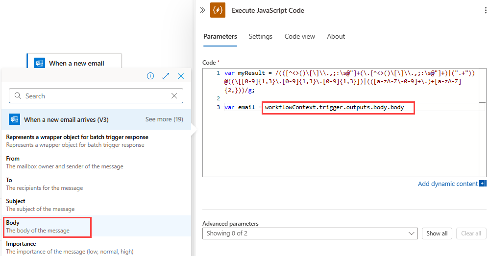 Captura de tela que mostra o fluxo de trabalho de Consumo, a ação Executar Código JavaScript, a lista de conteúdo dinâmico e a propriedade Body da mensagem de email selecionada.