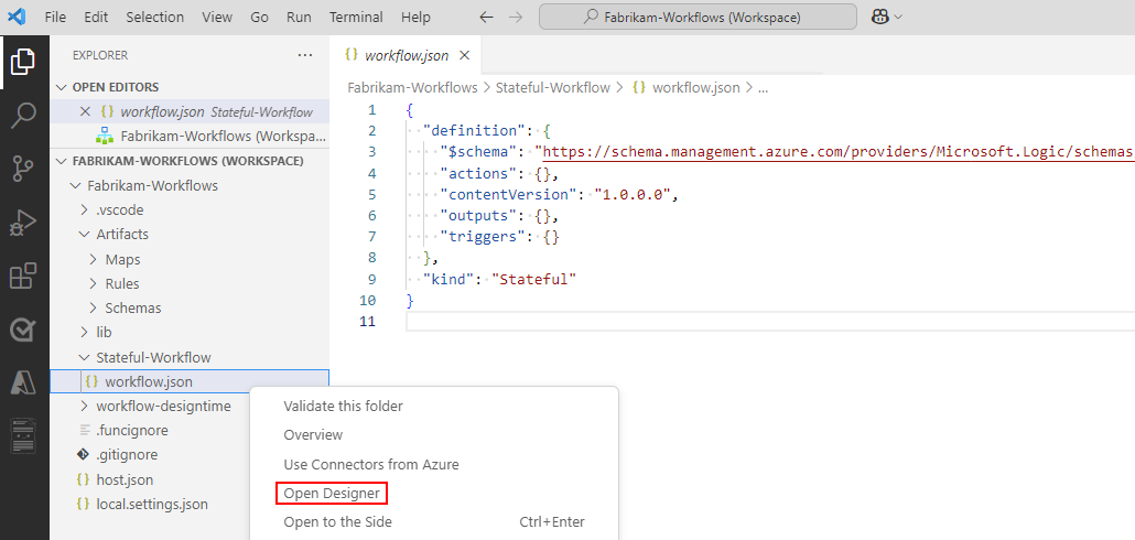 A captura de tela mostra o painel Explorer, o menu de atalho de arquivo workflow.json e o Open Designer selecionados.