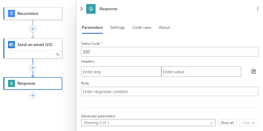 A captura de tela mostra o designer de fluxo de trabalho e o painel de informações de resposta.