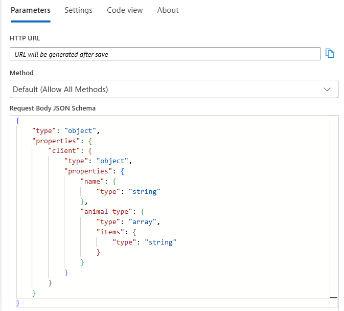 A captura de tela mostra o esquema JSON gerado a partir do conteúdo JSON de exemplo.