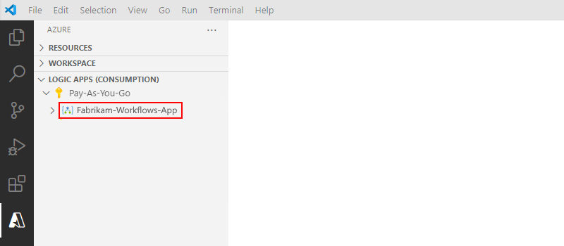 A captura de tela mostra o Visual Studio Code com a seção de Recursos e o recurso de aplicativo lógico de consumo implantado.