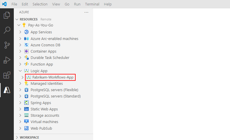 A captura de tela mostra o Visual Studio Code com a seção Recursos e o recurso de aplicativo lógico padrão implantado.