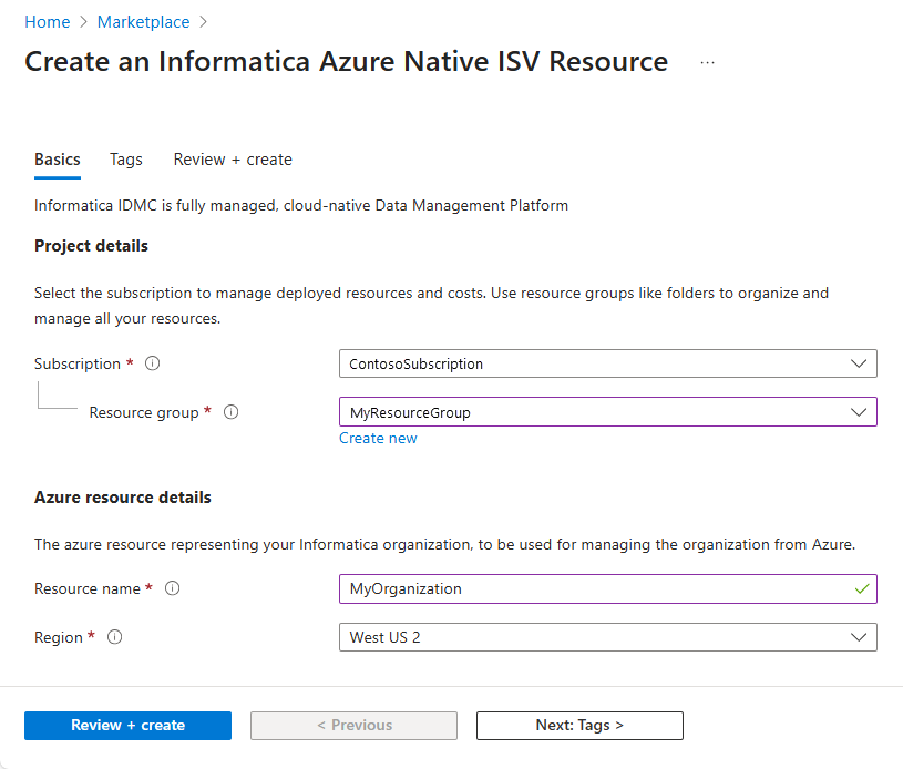 Captura de tela do painel Informações Básicas da experiência de criação do Informatica.