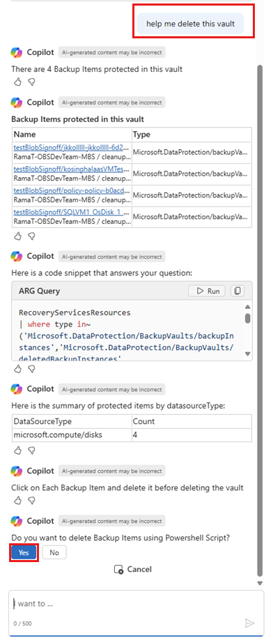 A captura de tela mostra a opção de baixar o script de exclusão do cofre do Copilot.