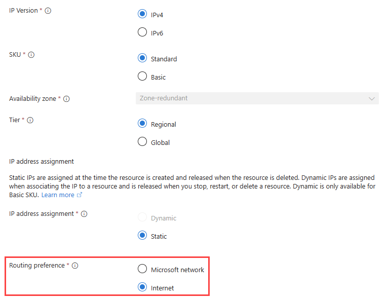 Captura de tela mostrando a configuração de preferência de roteamento da Internet para um endereço IP público no portal do Azure.