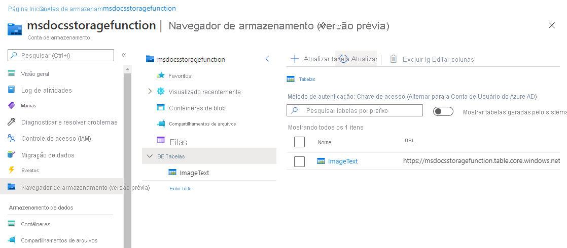 mostrando uma entrada de texto no Azure Table Storage.