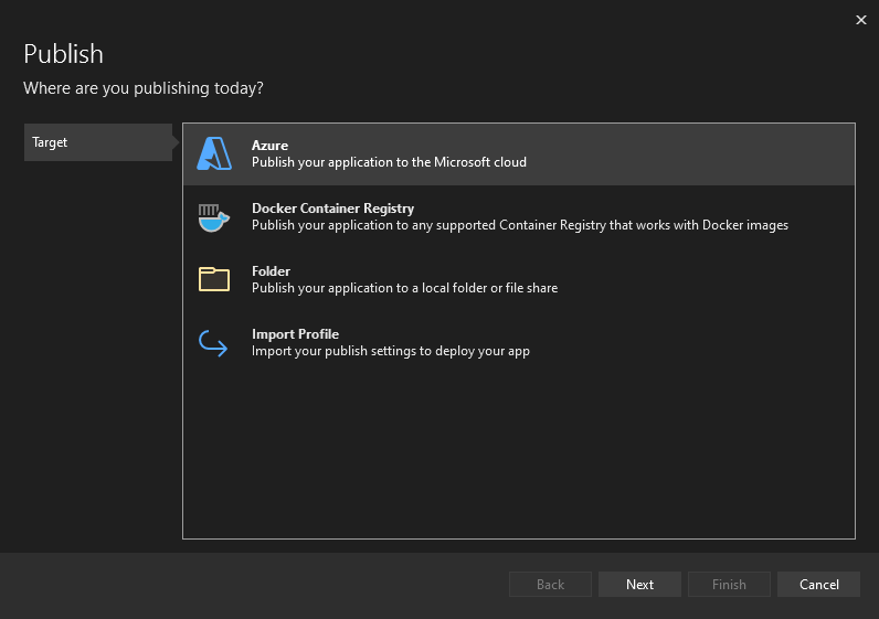 A mostrando como selecionar Azure como destino de implantação.