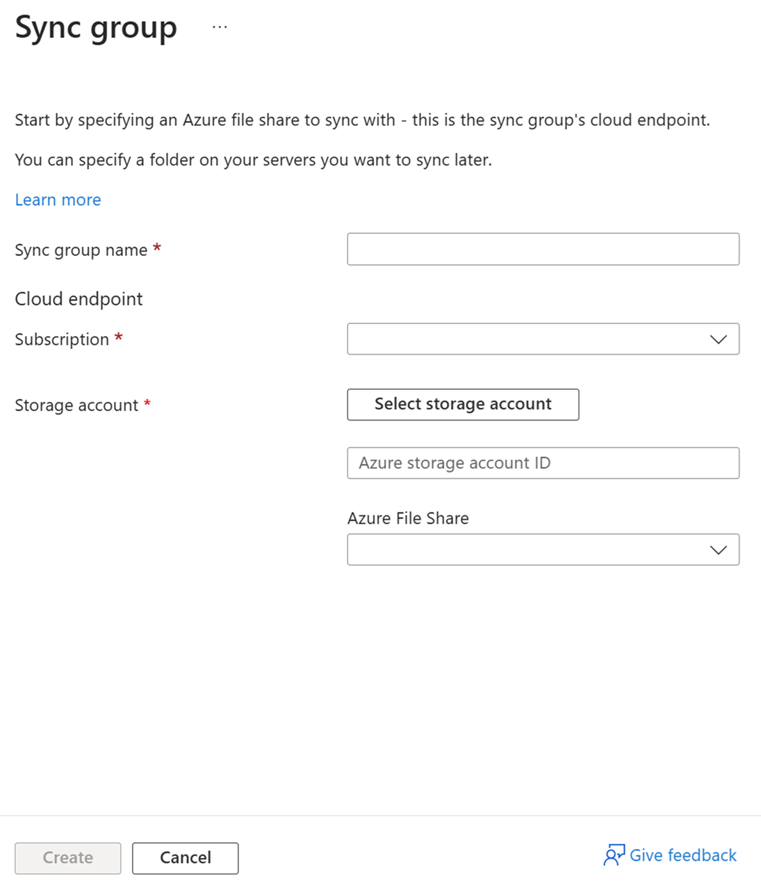 Captura de tela do painel para inserir detalhes sobre um novo grupo de sincronização no portal do Azure.
