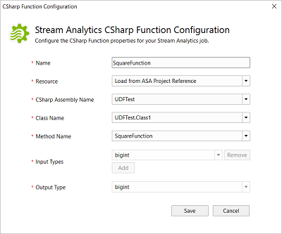 Configuração de função C# do Stream Analytics no Visual Studio