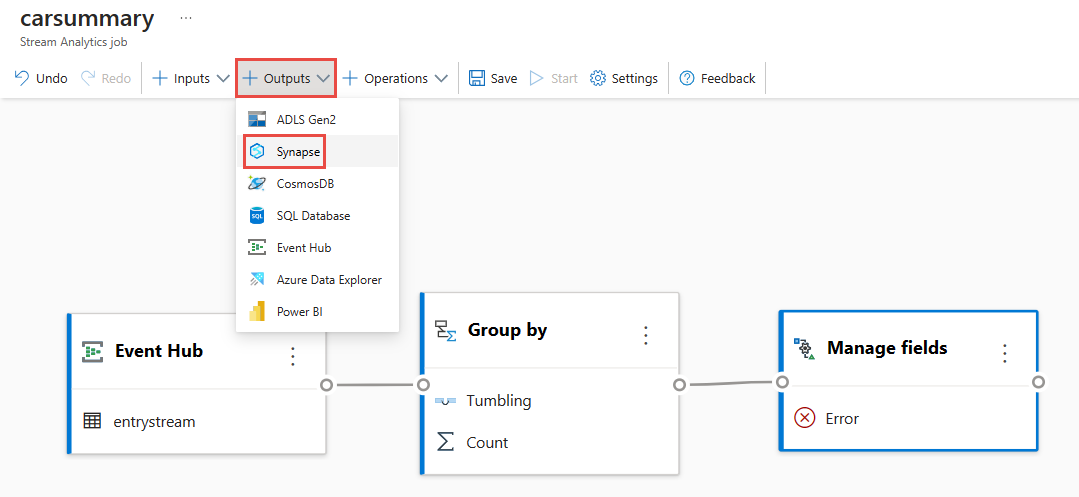 Captura de tela da barra de comandos com Outputs, Synapse selecionados.