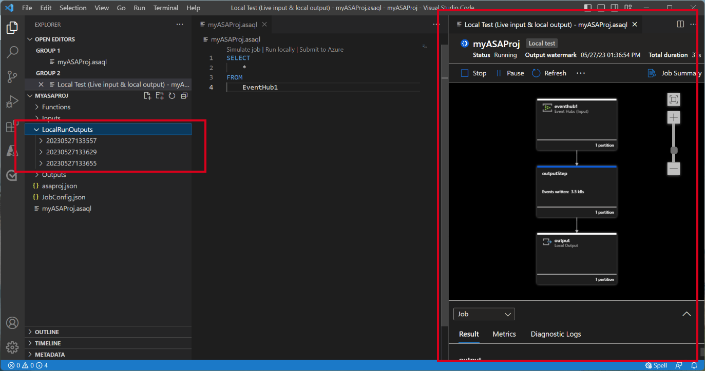 Captura de tela da extensão do VS Code mostrando a janela de teste local.