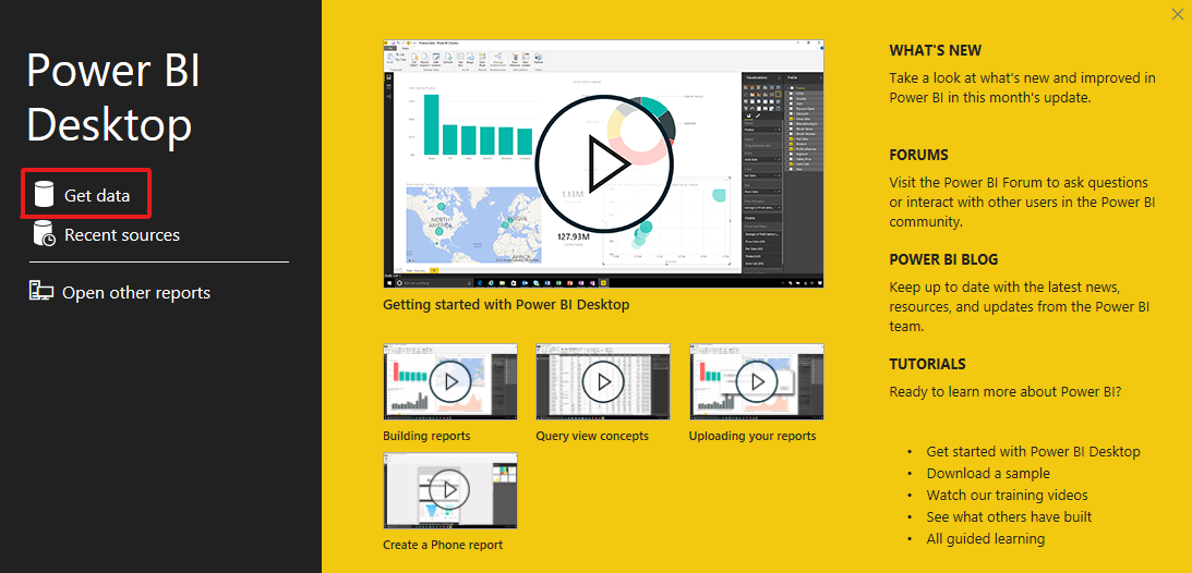 Abra o aplicativo da área de trabalho do Power BI e selecione obter dados.