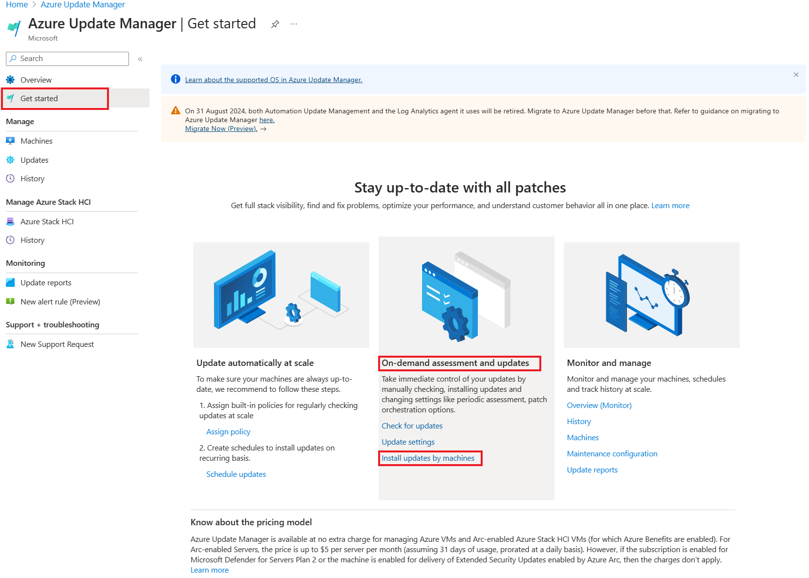 Captura de&nbsp;tela mostrando como acessar a opção Configurações de instalação de atualização para instalar as atualizações para máquinas virtuais.
