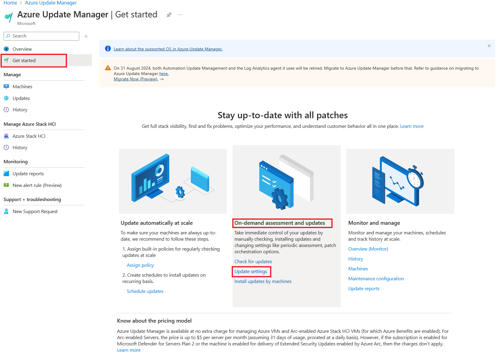 Captura de&nbsp;tela mostrando como acessar a opção Configurações de atualização para configurar atualizações para máquinas virtuais.