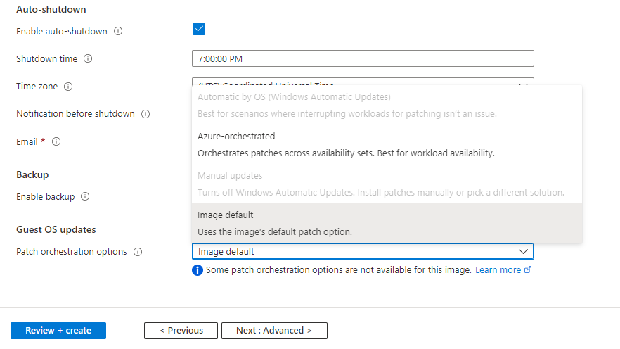 Mostra a guia Gerenciamento no portal do Azure, usada para habilitar modos de orquestração de patches.