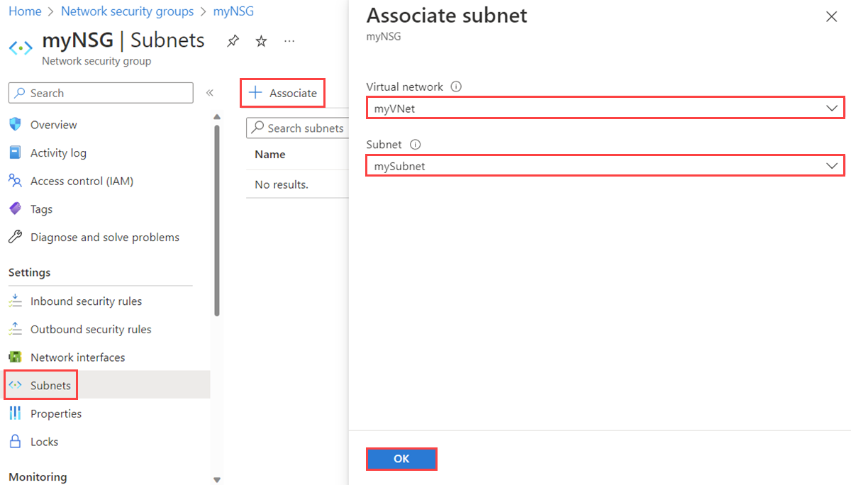 Captura de tela da associação de um grupo de segurança de rede a uma sub-rede no portal do Azure.